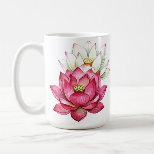 ピンクと白の蓮の花 水彩画 コーヒーマグカップ (左)