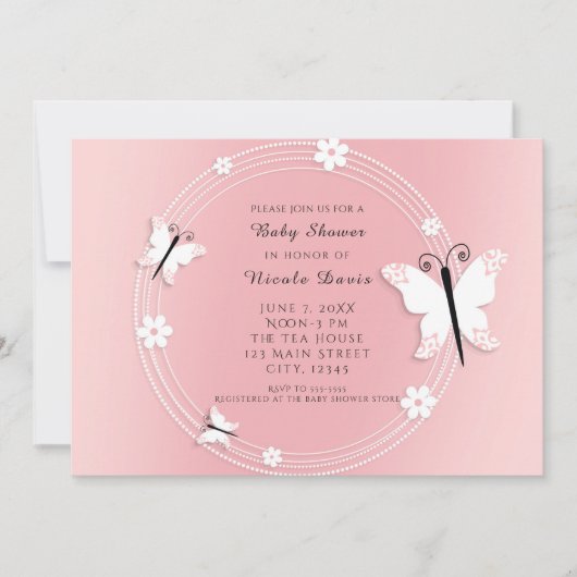 ピンクと白の蝶と花の招待状 招待状 (正面)