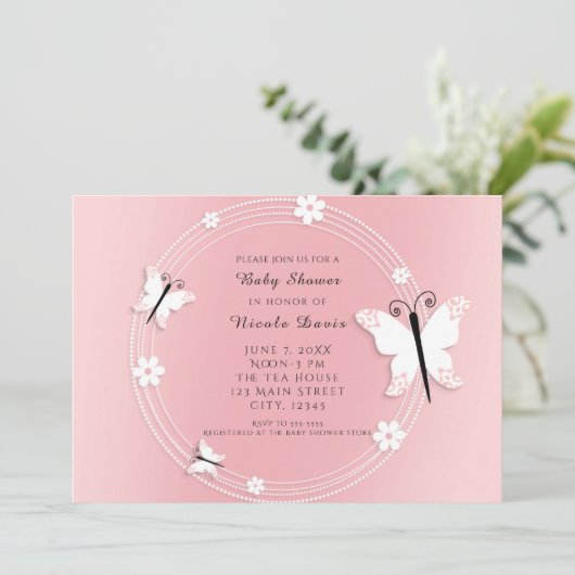 ピンクと白の蝶と花の招待状 招待状 (スタンド正面)