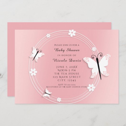 ピンクと白の蝶と花の招待状 招待状 (正面/裏面)