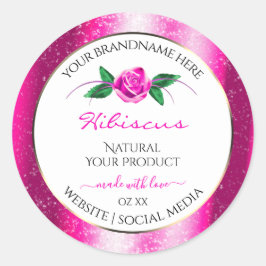 ピンクと白の製品ラベルフローラバラグリッター ラウンドシール