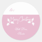 ピンクと白の贈り物ラベルメリークリスマス ラウンドシール (正面)