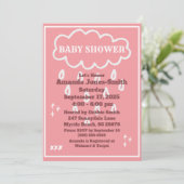 ピンクと白の赤ちゃんシャワー雲と散水 招待状 (スタンド正面)