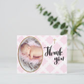 ピンクと白の赤ちゃんバプテスマありがとう ポストカード (スタンド正面)