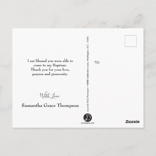 ピンクと白の赤ちゃんバプテスマありがとう ポストカード (裏面)