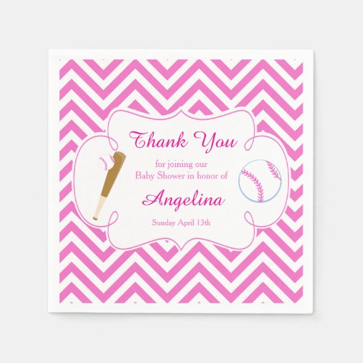 ピンクと白の野球赤ちゃんシャワーナプキン スタンダードカクテルナプキン (正面)