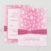 ピンクと白の雪の結晶の返信カード 印刷されたリボン 出欠カード (正面/裏面)