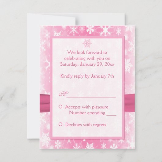 ピンクと白の雪の結晶 返信カード 印刷されたリボン (裏面)