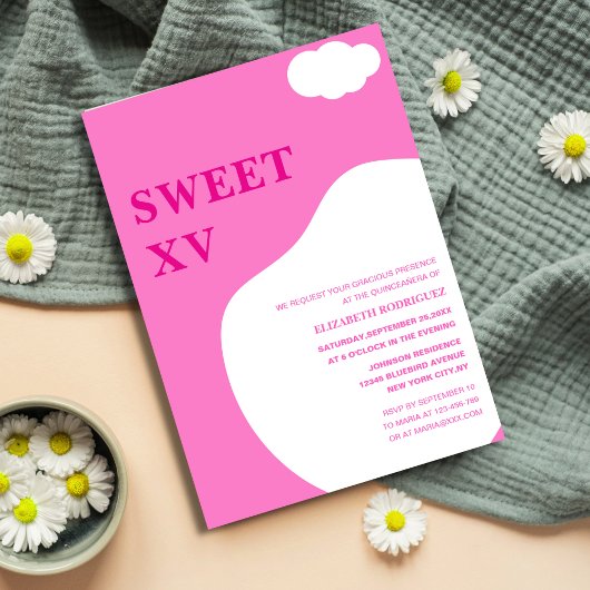 ピンクと白の鮮やかなカラフルでユニークなキンセアニエラ 招待状