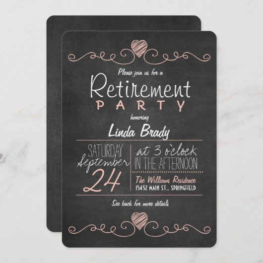 ピンクと白の黒板の退職パーティー 招待状 (正面/裏面)