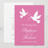 ピンクと白の2羽の鳩の結婚式ディナーメニュー メニュー (正面/裏面)
