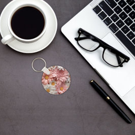 ピンクと白の3Dデイジー花 キーホルダー