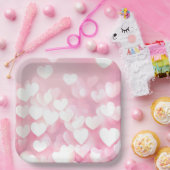 ピンクと白の《写真》ぼけ味ハート ペーパープレート (パーティー)