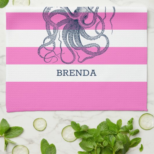ピンクと白ストライプのタコ航海のコ キッチンタオル (折り畳み)