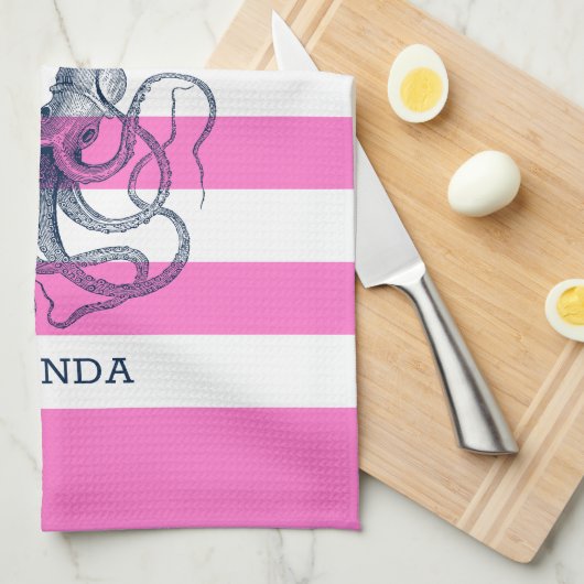 ピンクと白ストライプのタコ航海のコ キッチンタオル (四つ折り)