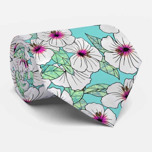 ピンクと白ハイビスカス熱帯性の花の模様 ネクタイ (ロール)