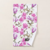 ピンクと白マグノリア花の水色パターン バスタオルセット (ハンドタオル)