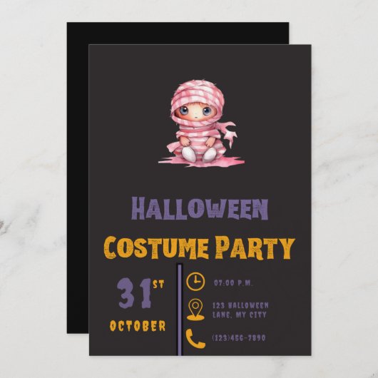 ピンクと白ミイラストライプのムブラックハロウィーン 招待状 (正面/裏面)