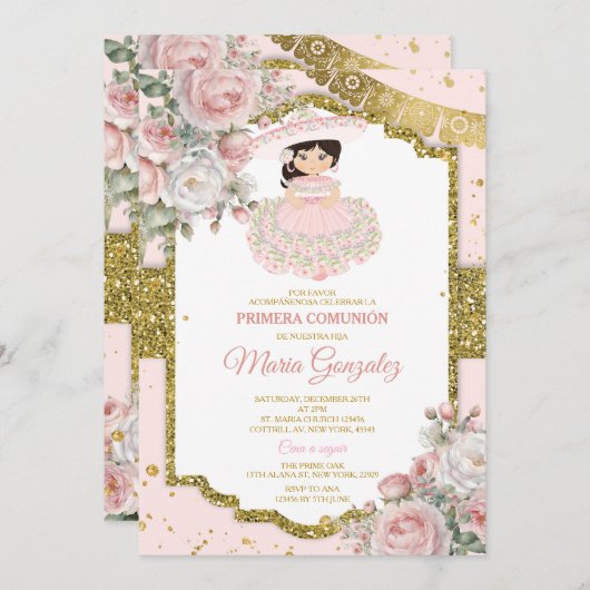 ピンクと白メキシコのプレセンタシオンデトレアノス 招待状 (正面/裏面)