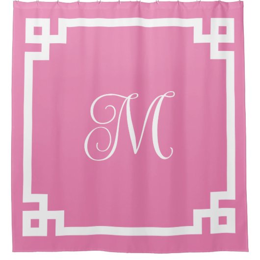ピンクと白モノグラムのギリシャ語鍵 縁ど シャワーカーテン (正面)