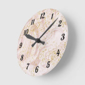 ピンクと白大理石の旋回金ゴールドグリッター ラウンド壁時計 (傾斜)