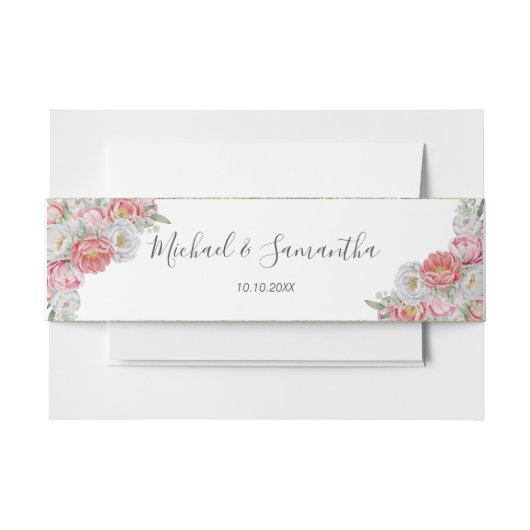 ピンクと白結婚牡丹 招待状ベリーバンド (正面例)