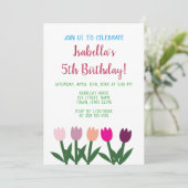 ピンクと紫かわいい漫画チューリップ5誕生日 招待状 (スタンド正面)