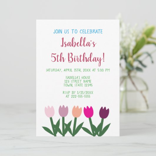 ピンクと紫かわいい漫画チューリップ5誕生日 招待状 (スタンド正面)