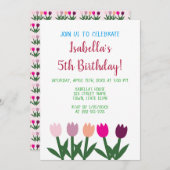 ピンクと紫かわいい漫画チューリップ5誕生日 招待状 (正面/裏面)