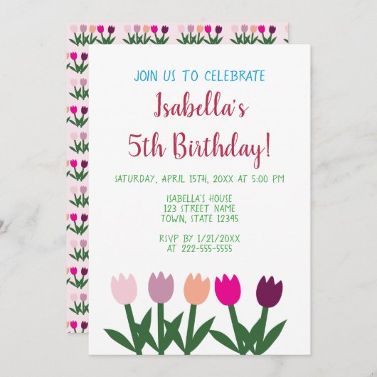 ピンクと紫かわいい漫画チューリップ5誕生日 招待状 (正面/裏面)