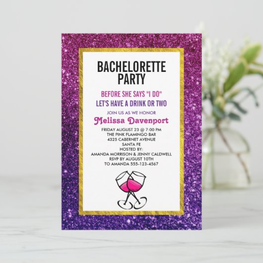 ピンクと紫のきらめくグリッターバチェロレッテ 招待状 (スタンド正面)