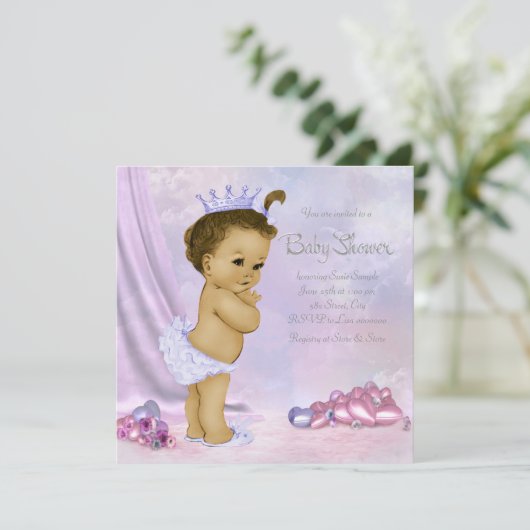 ピンクと紫のアフリカ系アメリカ人のベビーガールシャワー 招待状 (スタンド正面)