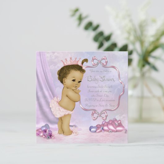 ピンクと紫のアフリカ系アメリカ人のベビーガールシャワー 招待状 (スタンド正面)