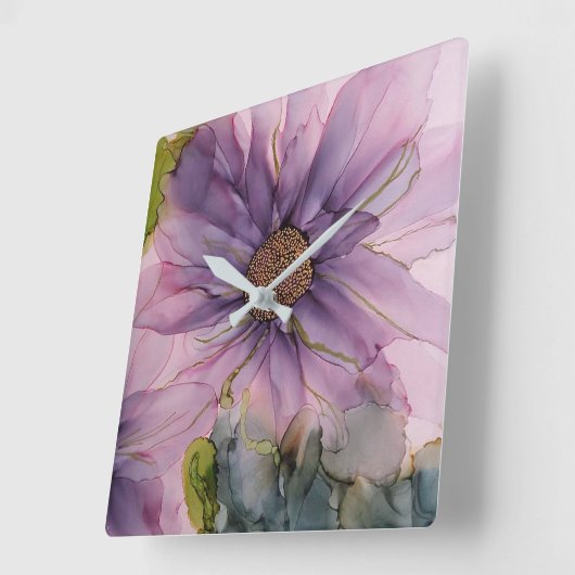 ピンクと紫のアルコールインクフラワー スクエア壁時計 (傾斜)