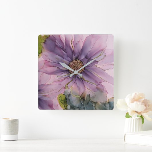 ピンクと紫のアルコールインクフラワー スクエア壁時計 (ホーム)