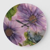 ピンクと紫のアルコールインクフラワー ラージ壁時計 (正面)