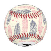 ピンクと紫のエスニックの羽毛模様 野球ボール (裏面)