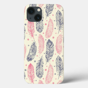 ピンクと紫のエスニックの羽毛模様 iPhone 13ケース
