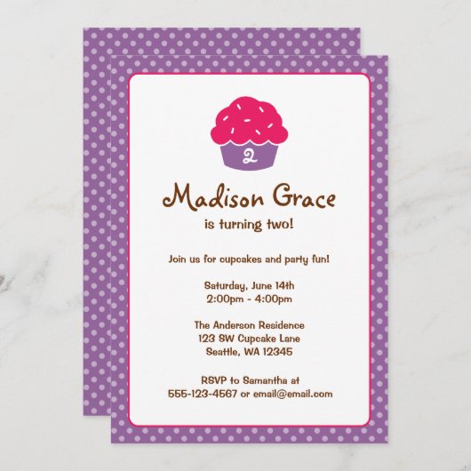 ピンクと紫のカップケーキ水玉模様誕生日パーティー 招待状 (正面/裏面)