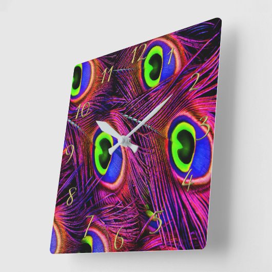ピンクと紫のクジャクの羽毛のテクスチャデザイン スクエア壁時計 (傾斜)