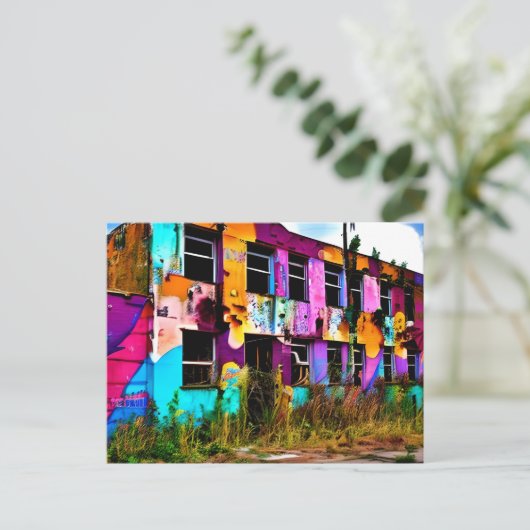 ピンクと紫のグラフィティアート |破棄された建物 ポストカード (スタンド正面)