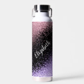 ピンクと紫のグリッターオンブラック ウォーターボトル (正面)