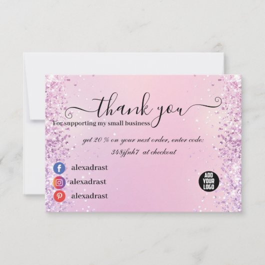 ピンクと紫のグリッターグラデーションビジネスありがとう サンキューカード (正面)