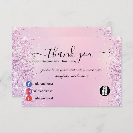 ピンクと紫のグリッターグラデーションビジネスありがとう サンキューカード (正面/裏面)