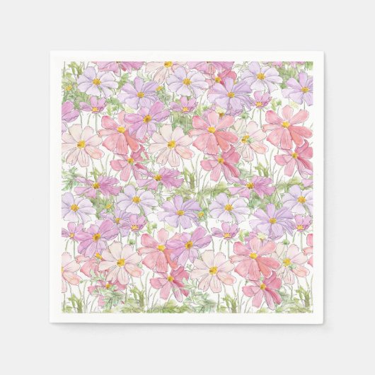 ピンクと紫のコスモスの絵を描花 スタンダードカクテルナプキン (正面)