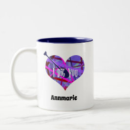 ピンクと紫のジオメトリック線のハート図形 ツートーンマグカップ