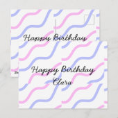 ピンクと紫のストライプ ハッピーバースデー 名前を追加するテキスト ポストカード (正面/裏面)