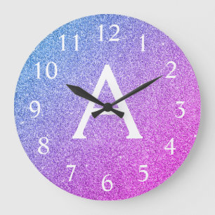 ピンクと紫のスパークルグリッターのモノグラム名 ラージ壁時計