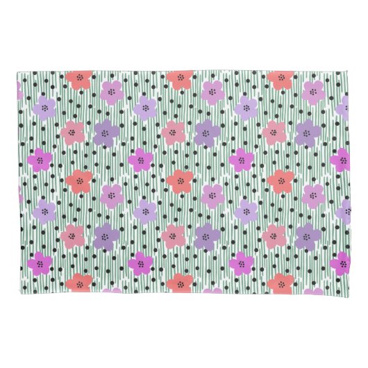 ピンクと紫のデイジーフローラプリント 枕カバー (正面)