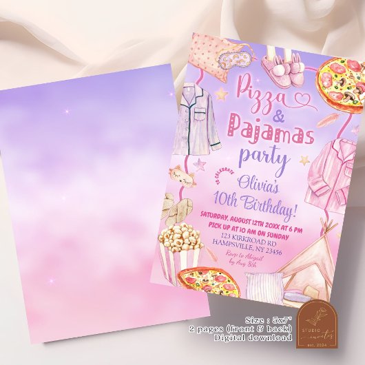 ピンクと紫のネオンピザとパジャマ誕生日 招待状